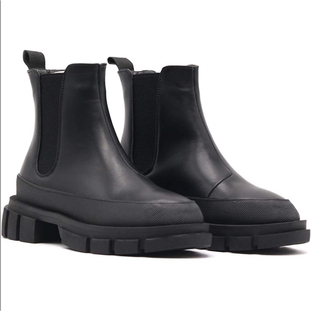 Chunky Sole Leather Moto Biker Rain Boots 90s Style Y2K Platform Black Combat